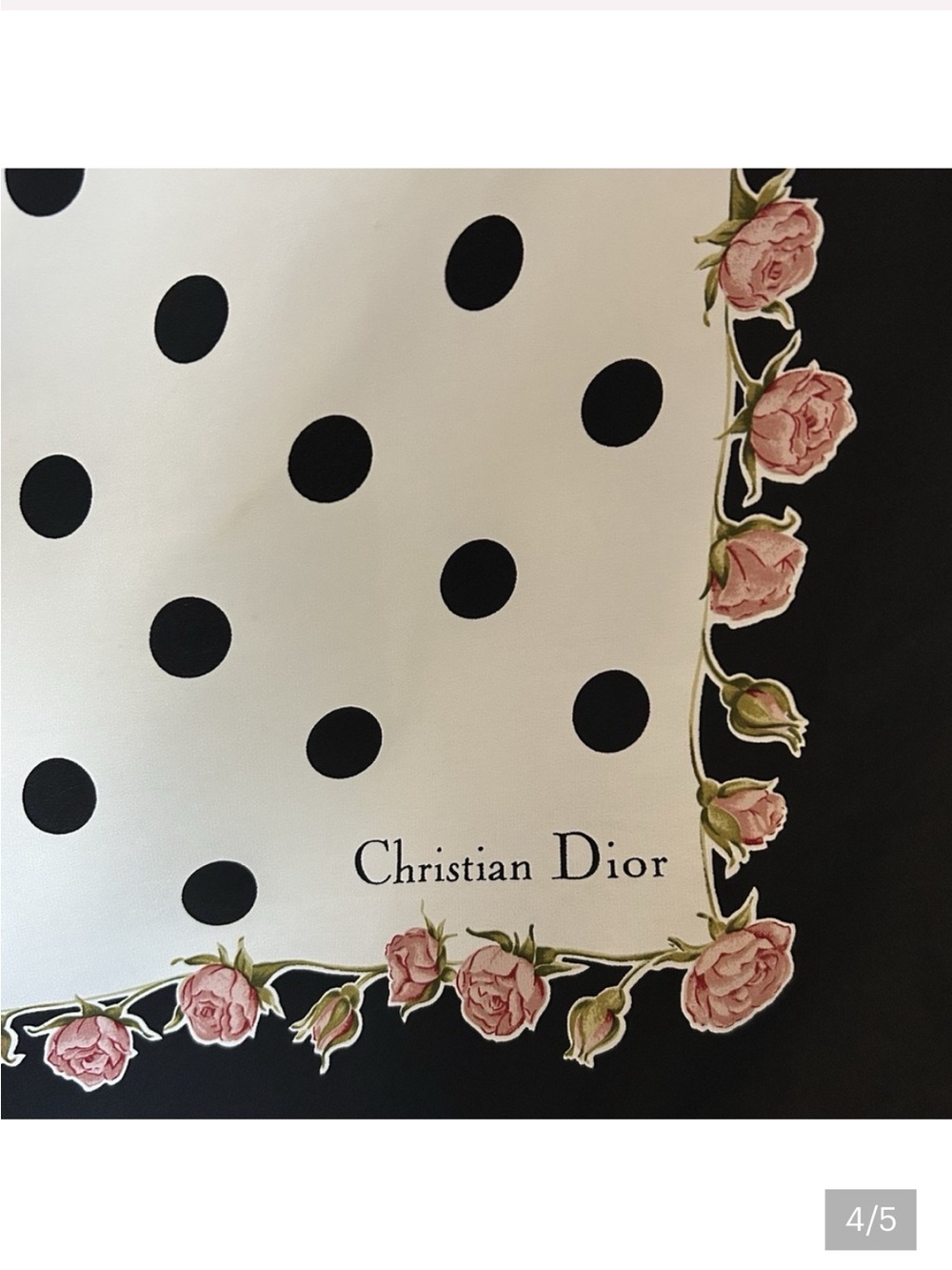 Elegant Dior Black White Polka Dot Silk Scarf with Pink Rose Border ~ Beautiful